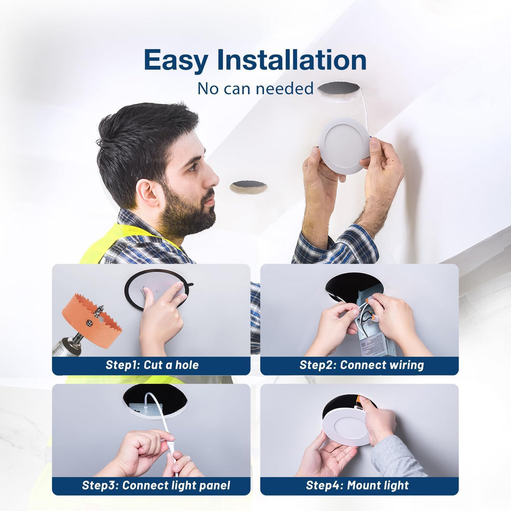 Amico 6 Pack 4 Inch 5CCT Ultra-Thin LED Recessed Ceiling Light with Junction Box, 2700K/3000K/3500K/4000K/5000K Selectable, 11W Eqv 70W 800LM Brightness Dimmable Canless Wafer Downlight, ETL & FCC
