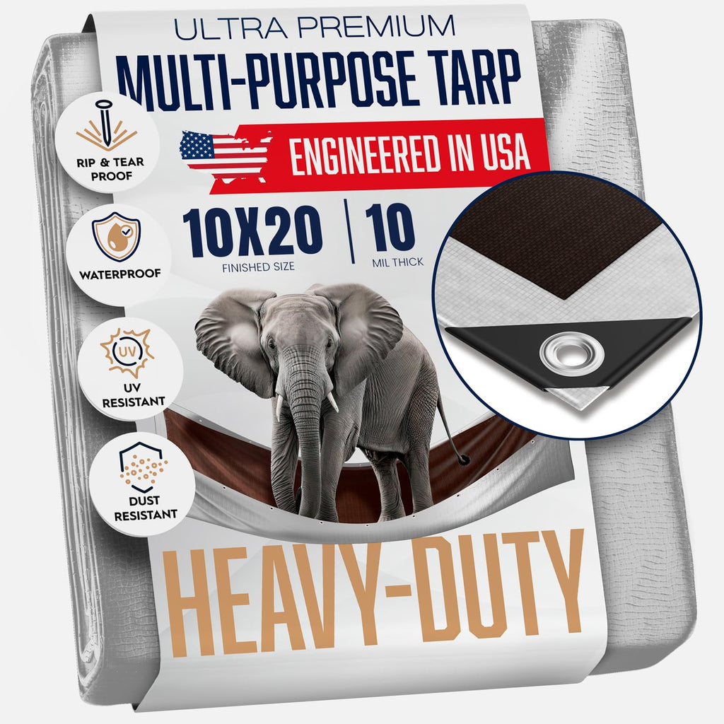 10x20 Heavy Duty Tarp, 10 Mil Thick, Waterproof, Tear & Fade Resistant, High Durability, UV Treated, Grommets Every 18 Inches. (Silver/Brown - Reversible) (10 x 20 Feet)