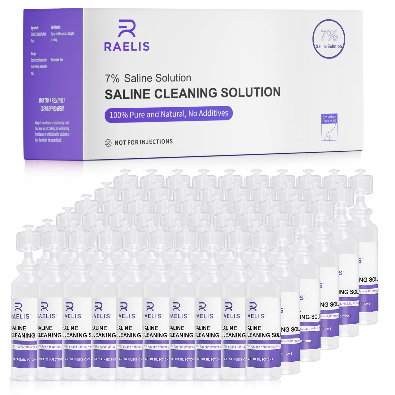 7% Saline Solution for Various Household Uses, 300ml (10.56 FL OZ), 5ml Each, 60Pack