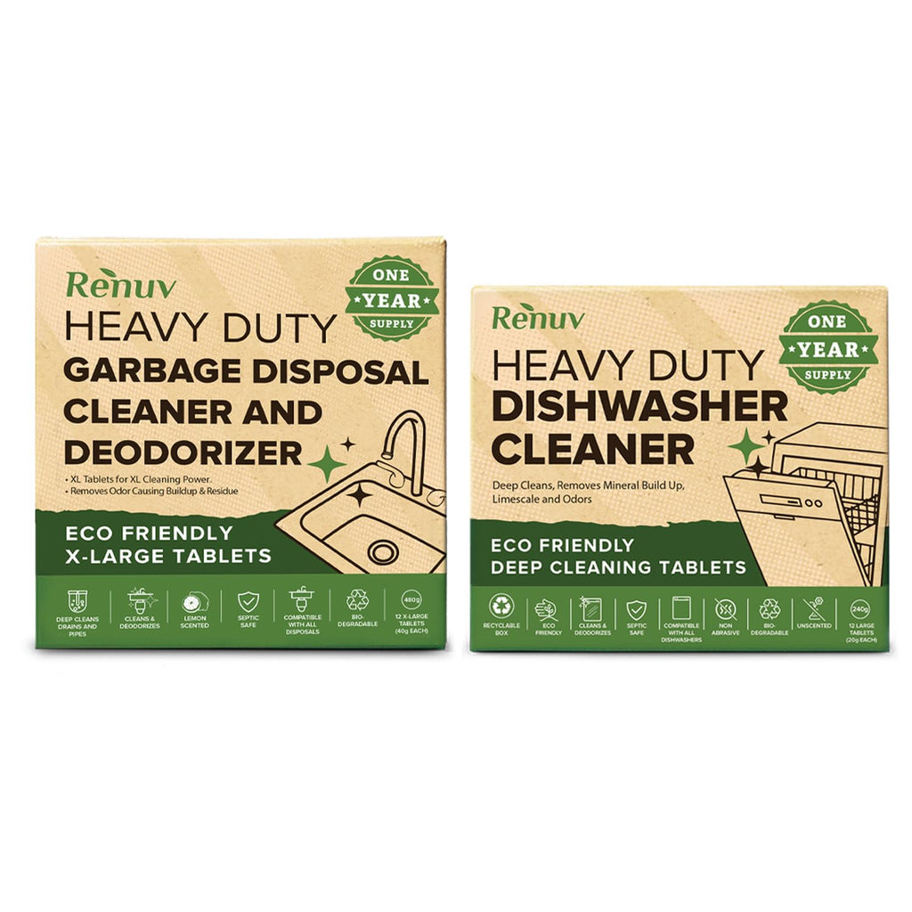 Renuv Garbage Disposal Cleaner + Dishwasher Cleaner - Heavy Duty Kitchen Appliance Deep Cleaning, Descaling and Deodorizing, (12 Tablets of each)