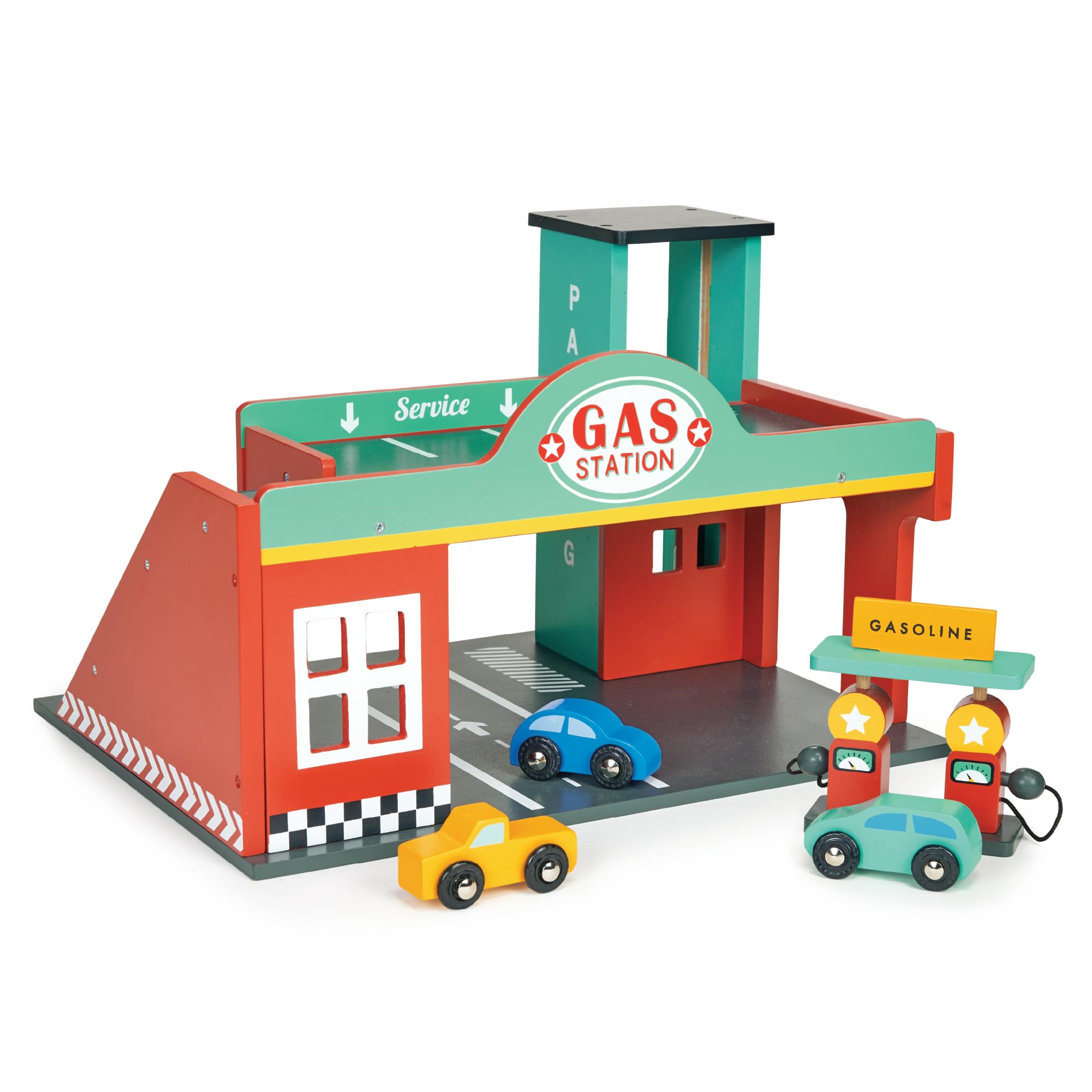 Mentari Toys - Gas Station - Wooden Toy Garage with Lift, Cars, Ramp and Gas Pumps - Encourages Imaginative Play, Fine Motor Skills & Problem Solving - Age 3+