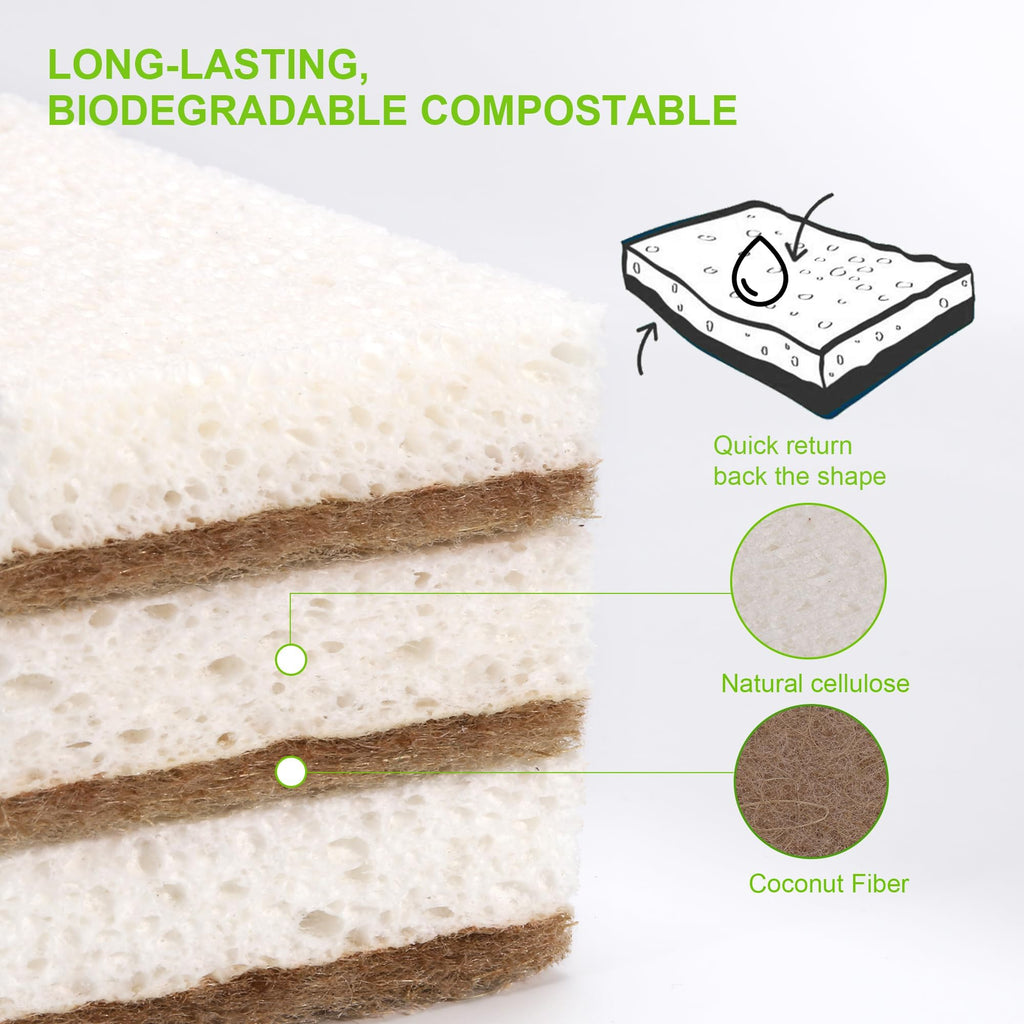 Natural Dish Sponges 16 Pack - Biodegradable Sponge Kitchen Compostable Cellulose Coconut Scrubber - No Scratch Cleaning Sponges