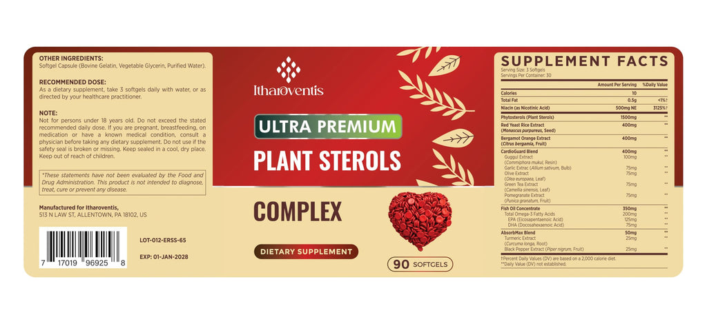 Cholesterol Supplements with Plant Sterols, Niacin, Red Yeast Rice, Bergamot, Omega-3 & Garlic - Advenced Absorption Formula - 180 Softgels