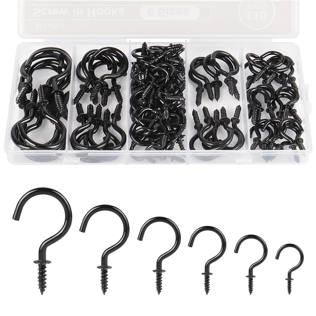 RELBRO Screw Hooks, 6 Sizes Metal Screw in Cup Hooks, Black, 110 Pcs