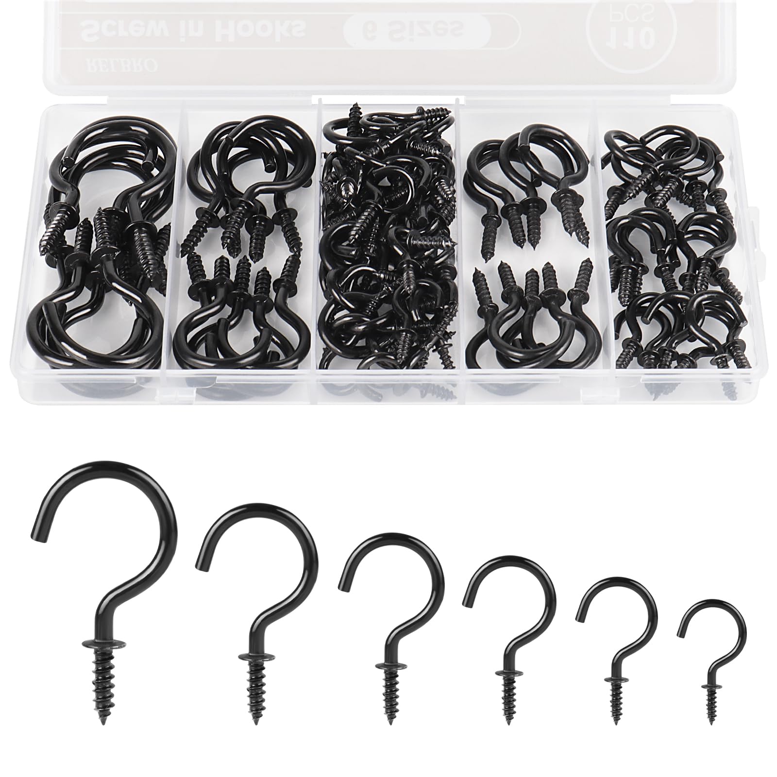 RELBRO Screw Hooks, 6 Sizes Metal Screw in Cup Hooks, Black, 110 Pcs