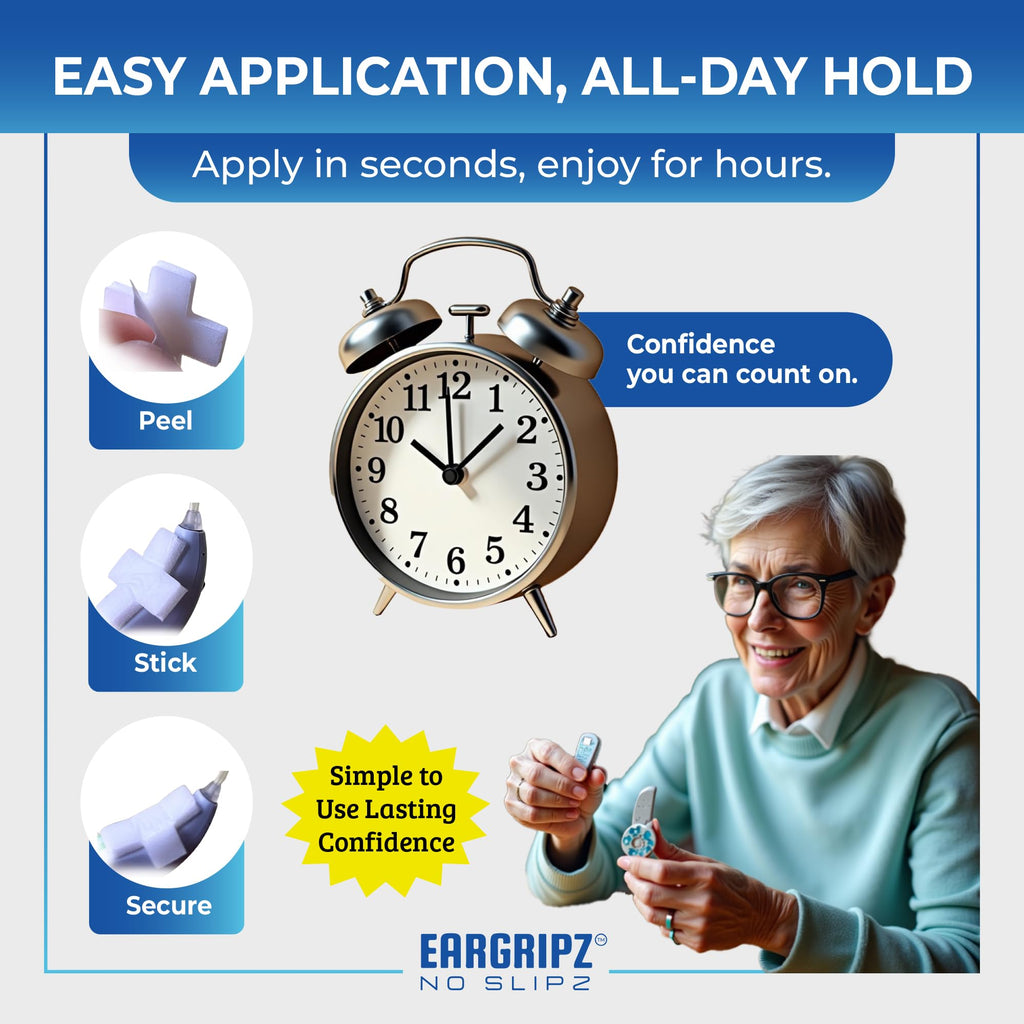 EarGripz Hearing Aid Grips – Adhesive Cushioned Pads for Secure, Comfortable Fit – Non-Slip Hearing Aid Stabilizers for BTE & RIC Devices – 60-Pack for Adults, Kids & Active Lifestyles