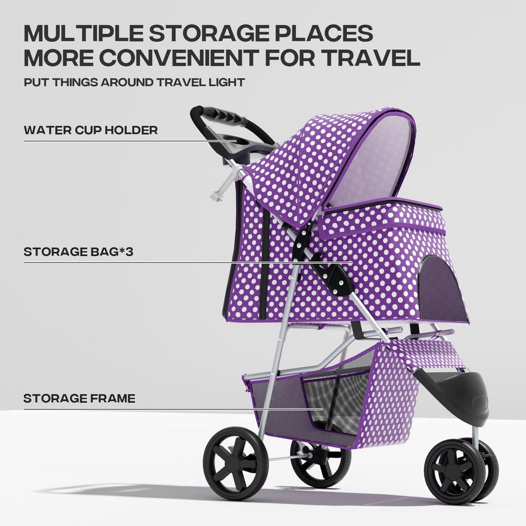 Pet Stroller for Small Dogs 10 lbs, Dog Stroller for Medium Dogs 30 lbs, Cat Strollers for 2 Cats, 3 Wheels Foldable Jogger Puppy Stroller with Storage Basket and Cup Holder, Purple Polka Dots