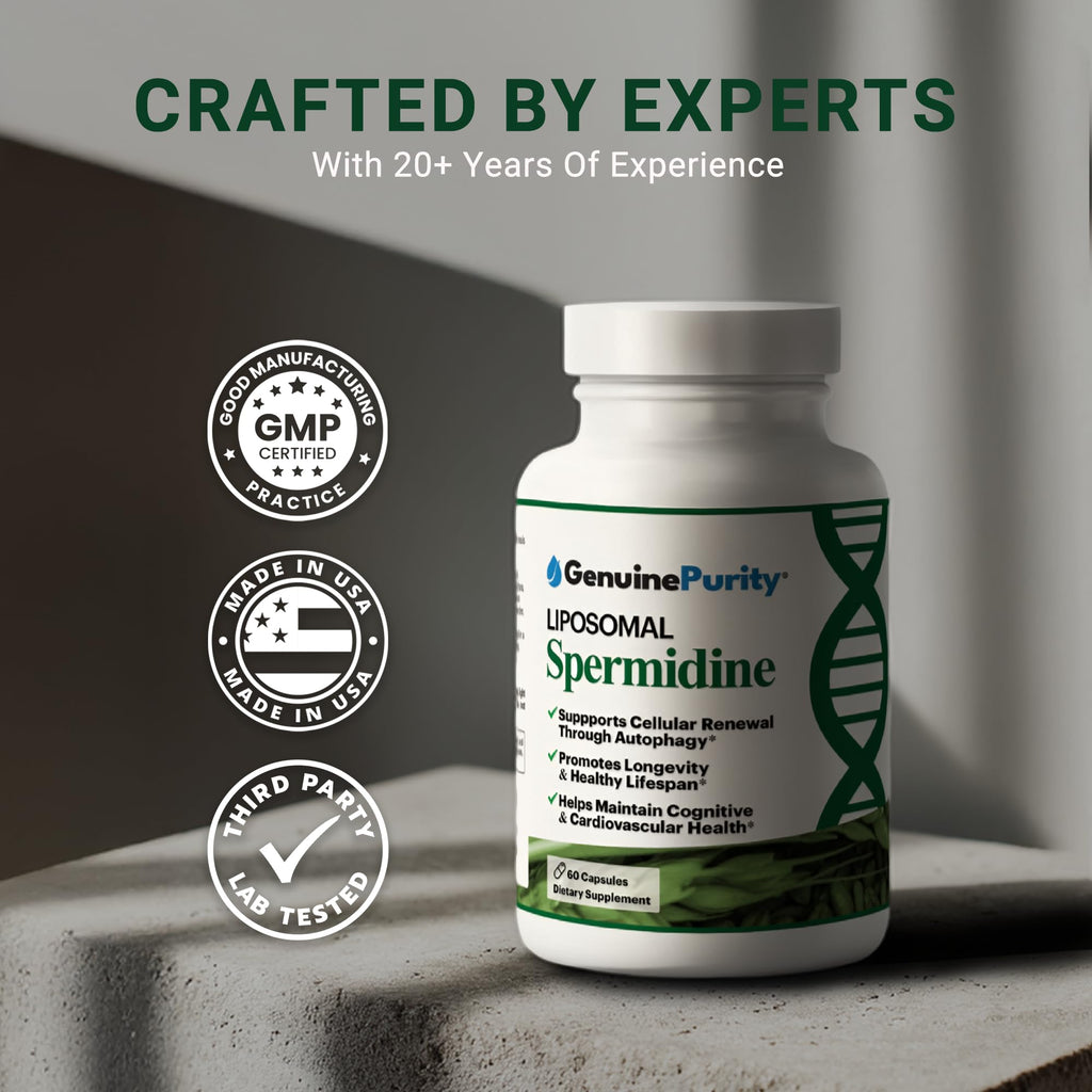 GenuinePurity Liposomal Spermidine 8mg Supplement - 60 Capsules for Cellular Renewal and Healthy Aging - Spermidine-Rich Wheat Germ Extract for Women and Men - Gluten Free, Vegan, Made in USA, Non-GMO