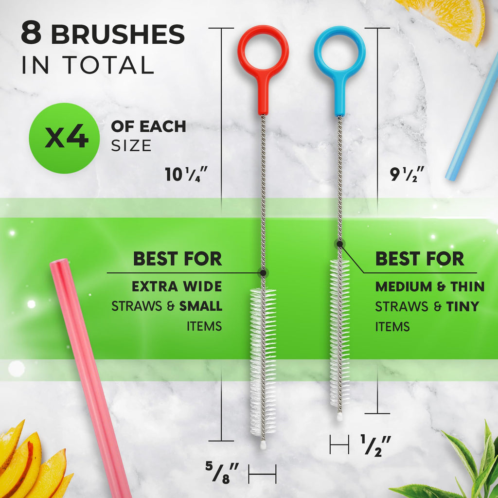 Buenalife Heavy Duty Cleaning Brushes Set of 8 - Extra Long Straw Cleaners for Metal and Plastic Reusable Drinking Straws, to Clean Small Spaces, Sippy Cups, Water Bottles - Sturdy Hard Brush Bristles
