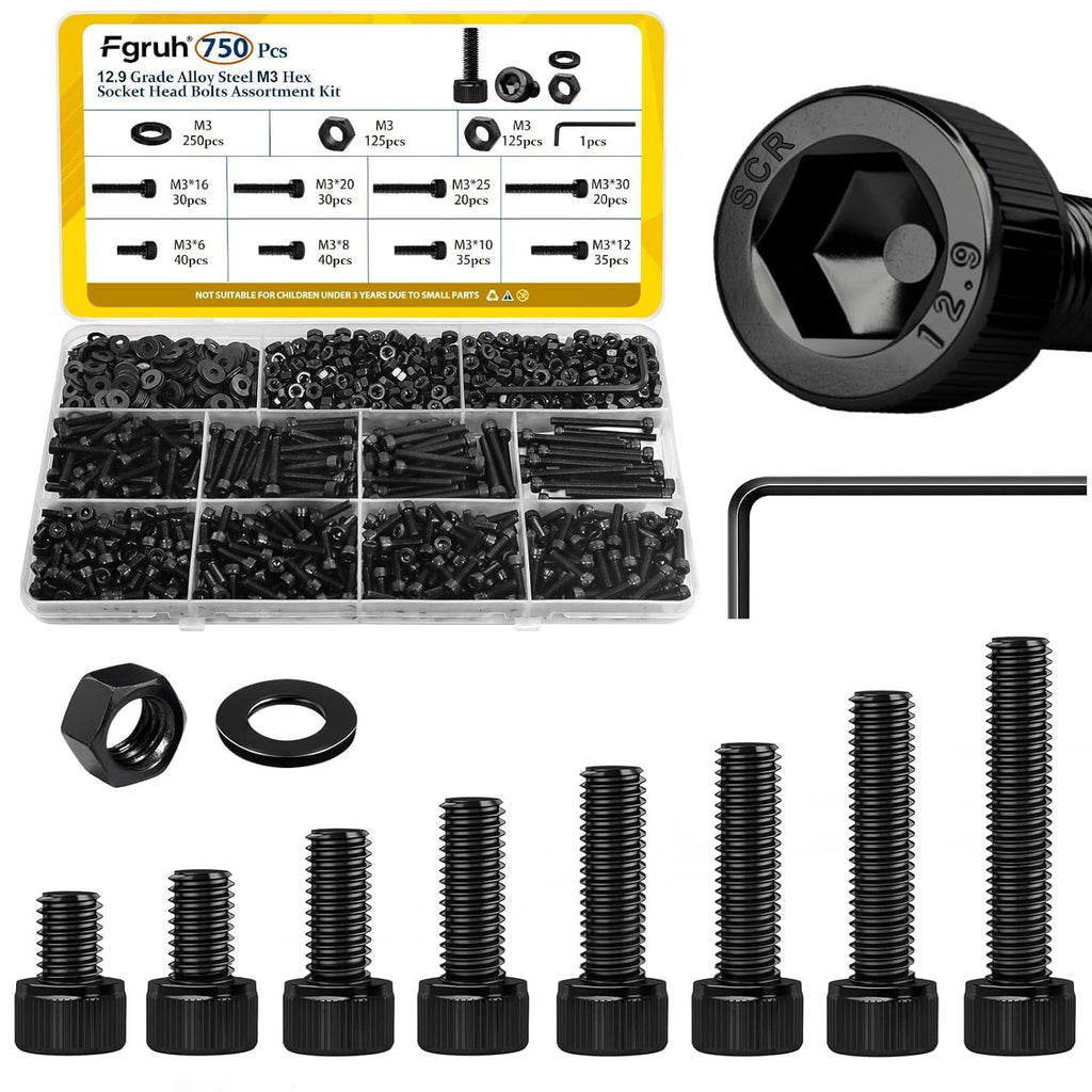 Fgruh 750PCS M3 Hex Socket Screw Assortment Kit,M3x6/8/10/12/16/20/25/30 mm