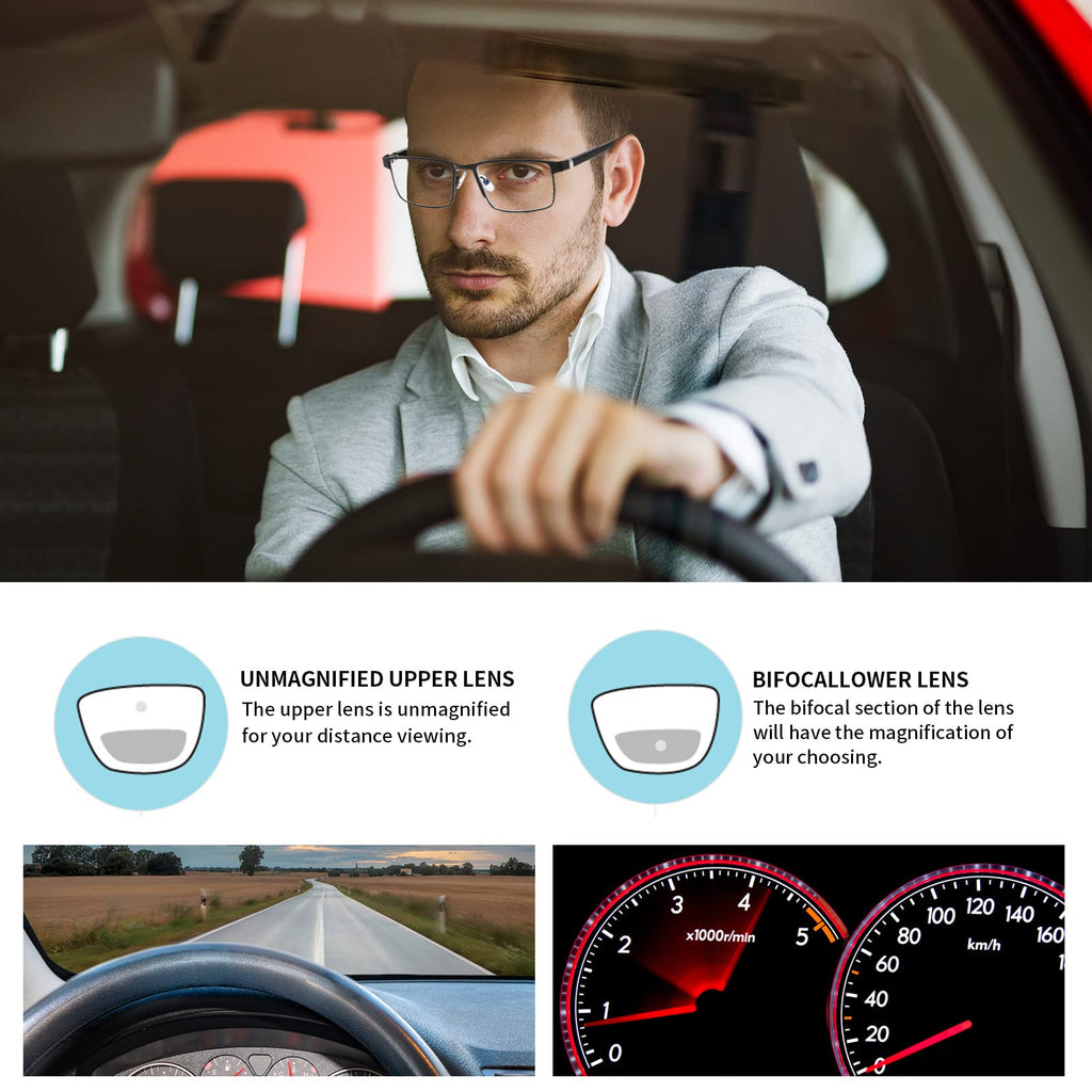 LKEYE Bifocal Reading Glasses Men Progressive Blue Light Blocking Computer Readers No Line Wide Metal Frame Designer Cheaters Transition Square Stylish Fashion Eyewear LK6013 +2.00 Strength