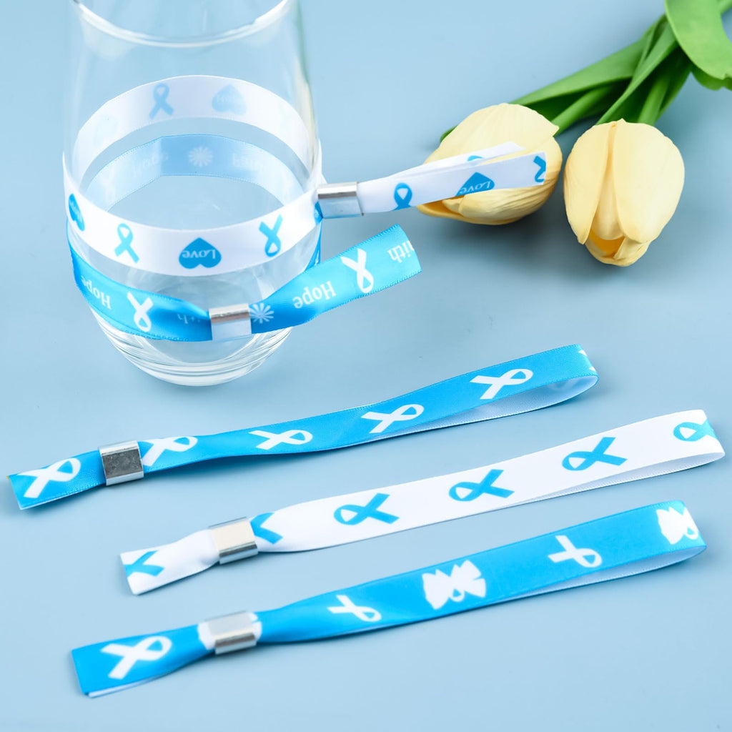 WANDIC 30 Pcs Light Blue Ribbon Bracelets, 5 Style Polyester Single Side Adjustable Prostate Cancer Awareness Support Wristband for Event Fundraising, 6.89 * 0.59 * 0.07, no Gemstone