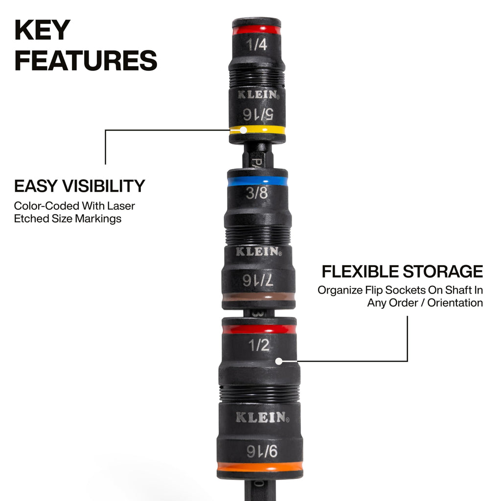 Klein Tools 32933 Klein Tools 32933 Impact Driver, SAE 7-in-1 Impact Rated Socket Set, 3 Flip Sockets with 6 Hex Driver Sizes and 1/4-Inch Bit Holder, 5-Inch Shaft