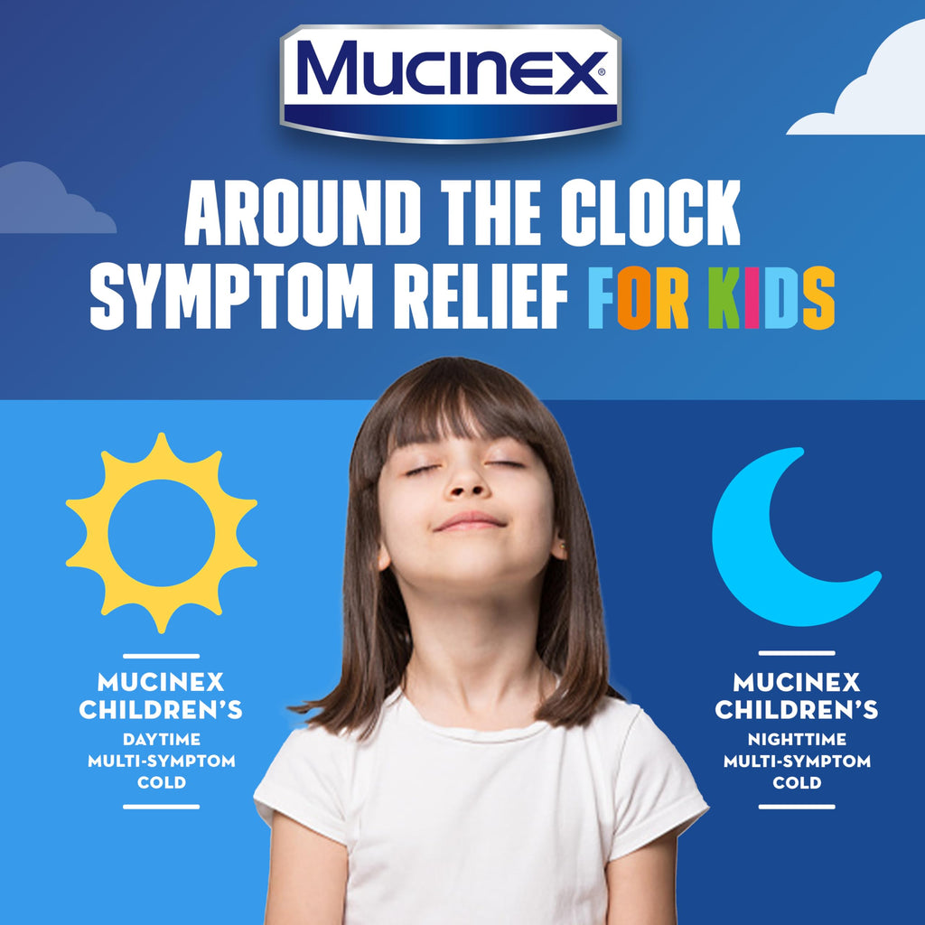 Mucinex Cold & Cough, Children's Multi-Symptom Day/Night Liquid, Very Berry, 8oz (2x4oz) Relieves Nasal & Chest Congestion, Thins & Loosens Mucus, Controls Cough, Reduces Fever, Soothes Sore Throat