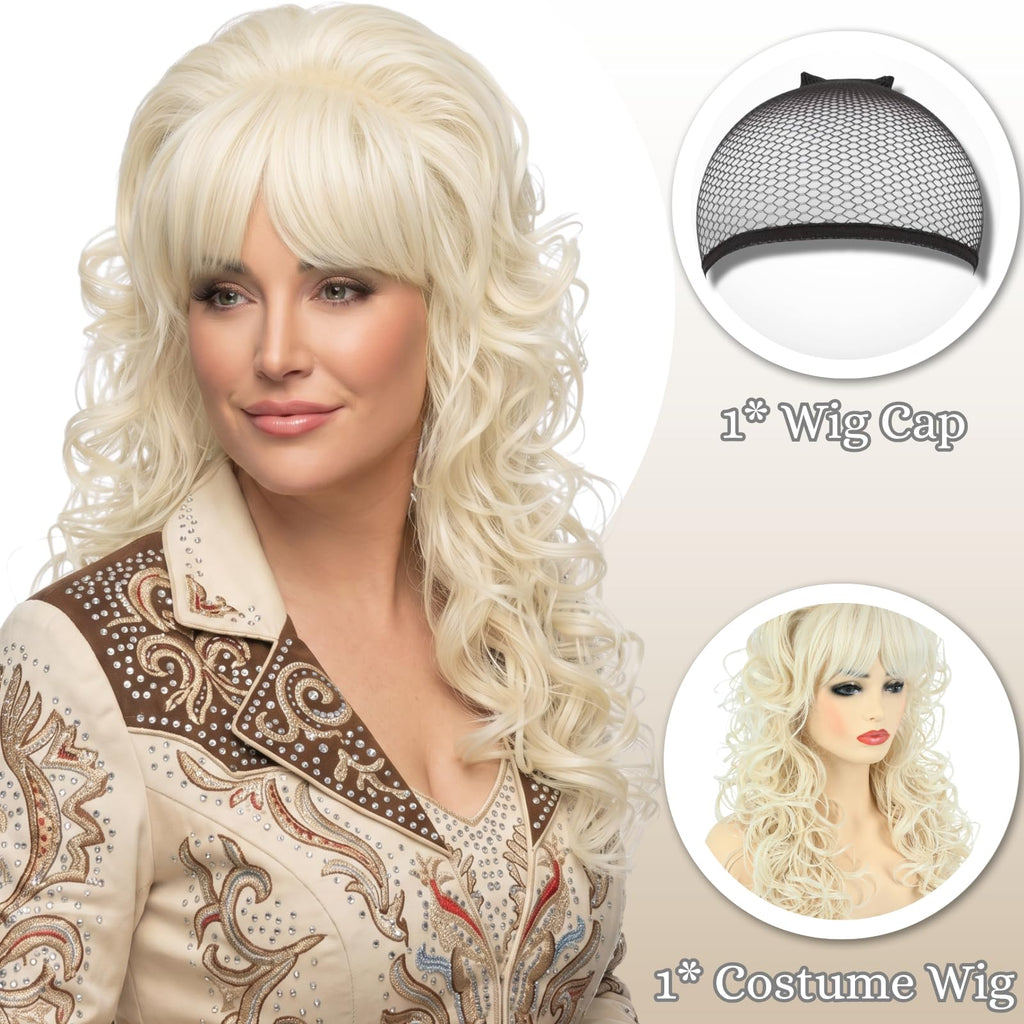 Long Big Blonde Curly Wig with Bangs for Women Costume, 24 Inch Wavy Hair