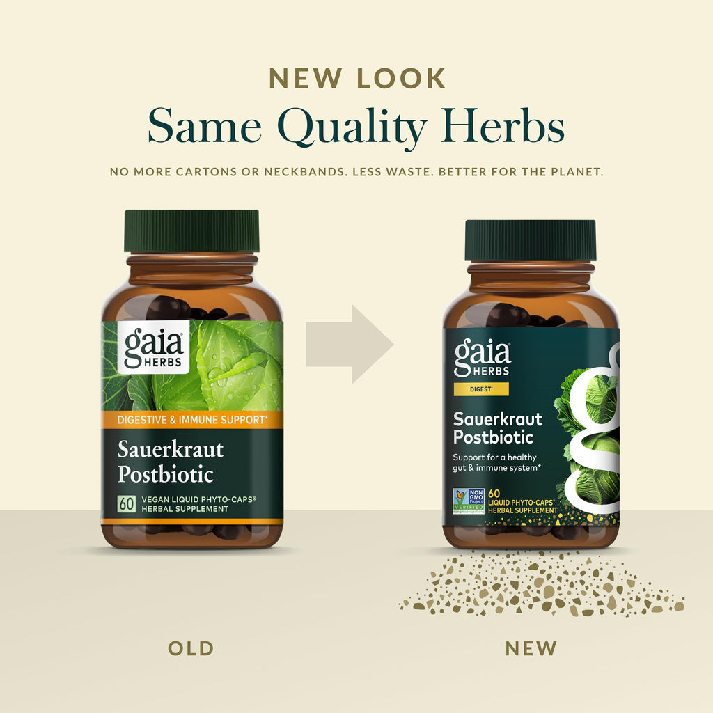 Gaia Herbs Sauerkraut Postbiotic - Gut Health & Immune Support Supplement* - Made with Fermented Sauerkraut - Free from Dairy, Soy & Gluten - 60 Vegan Liquid Phyto-Caps (30 Servings)
