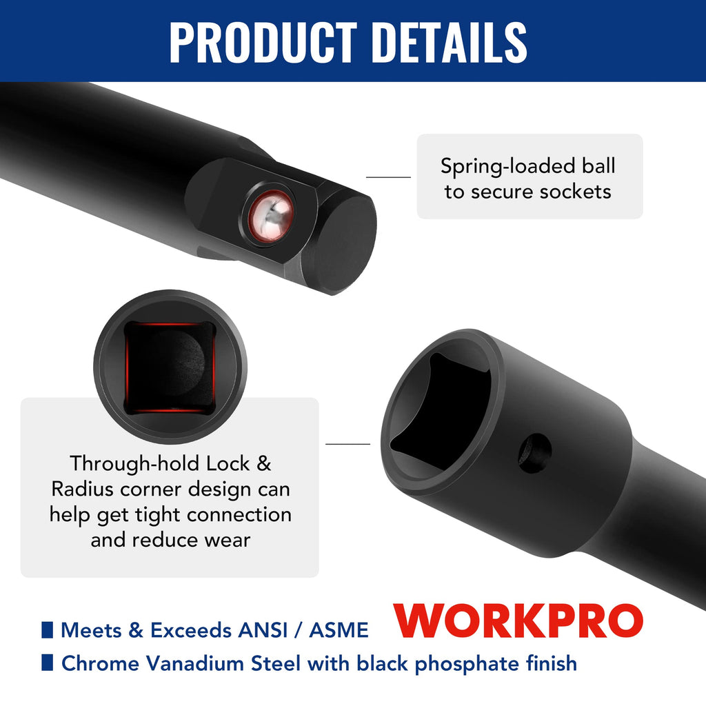 WORKPRO 18-Piece Impact Socket Extension Set, Includes Socket Adapters, Ratchet Extension Set, Swivel Universal Joints and Impact Coupler, 1/4", 3/8" & 1/2" Drive