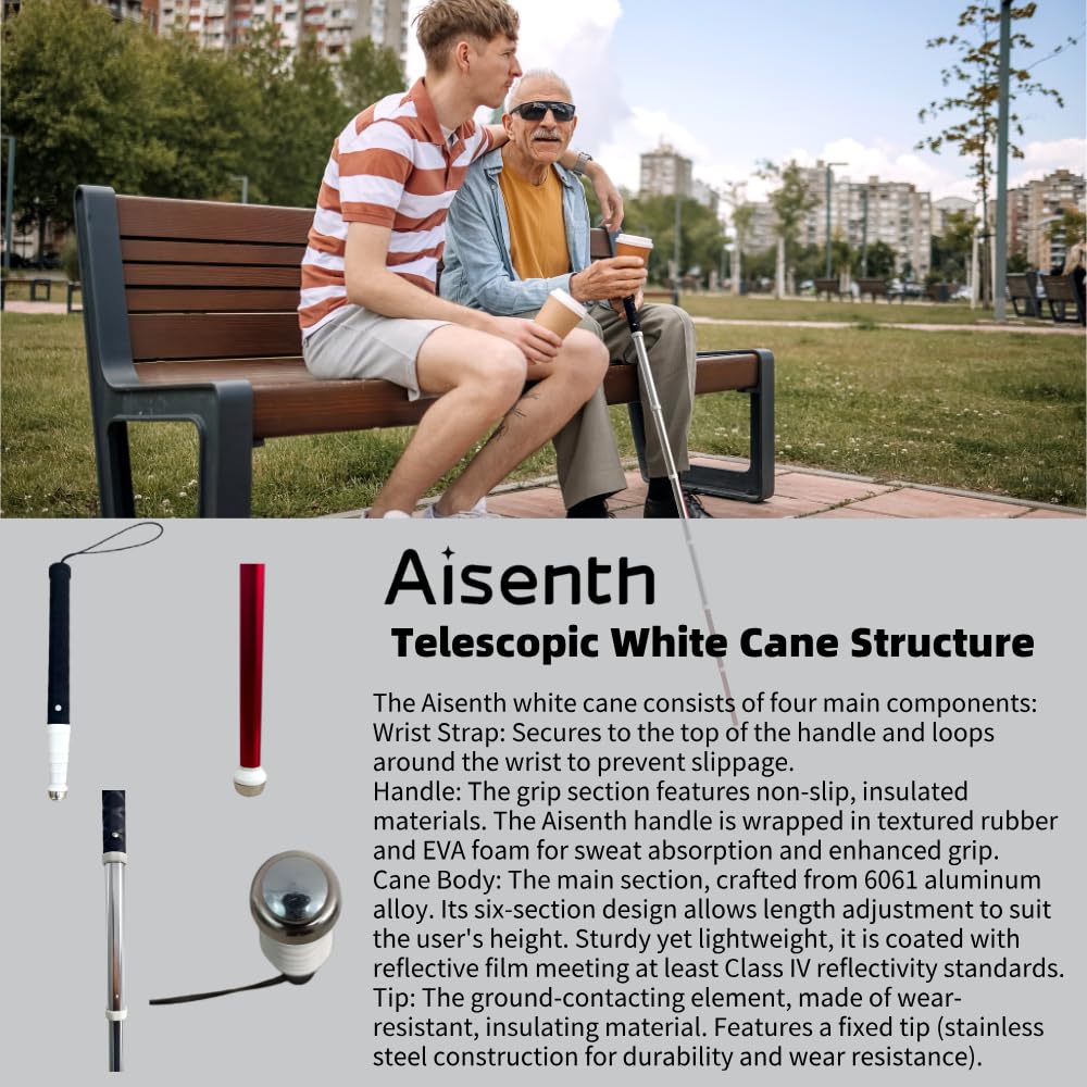 Aisenth Telescopic Retractable White Cane for Blind-Foldable Mobility Stick with Wrist Strap&Storage Pouch,Non-Slip Sweat-Absorbent Handle,Fixed Alloy Tip|Lightweight Portable Blind Walking Cane Stick