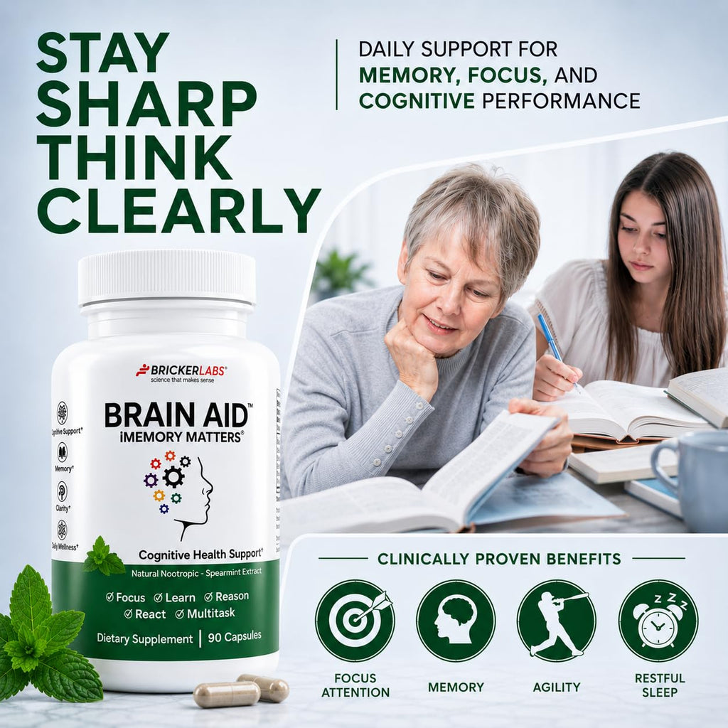 Bricker Labs Brain Aid Memory Matters – Nootropic Brain Supplement with Neumentix Spearmint Extract, Supports Memory, Focus, Mental Clarity & Cognitive Performance, Non-Stimulant Brain Health Support