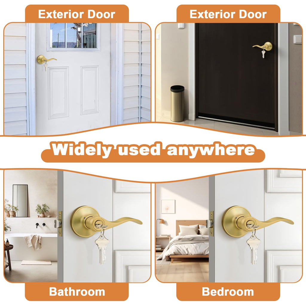 Probrico Brushed Gold Door Handles Front Exterior Door Handles with Lock and Keys, Keyed Alike Gold Entry Door Lever Wave Style Reversible, 5 Pack