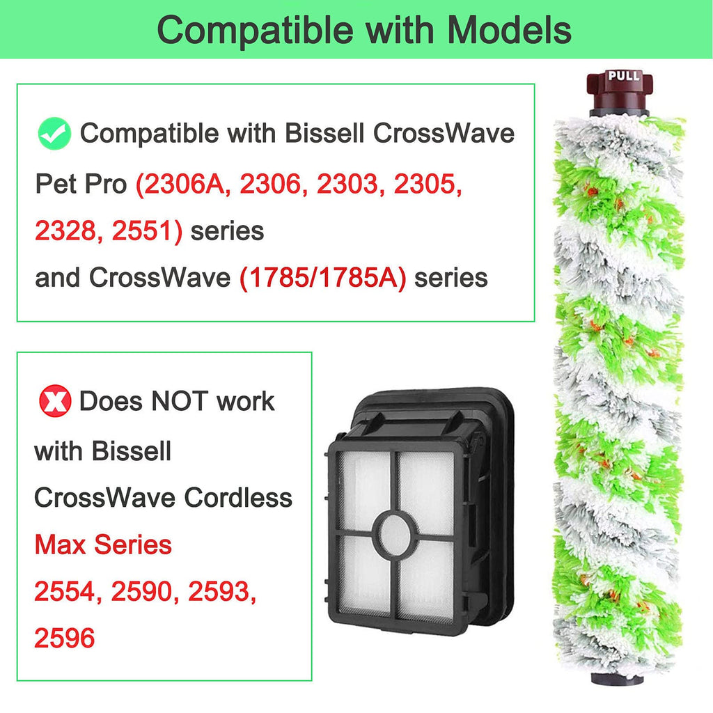Bvhonwe 6 Pack Replacement Parts for bissell CrossWave Pet Pro 2306A & CrossWave 1785 Series 3888A Vacuum Cleaner, 3 Pack 2460 Brush Rolls,3 Pack 1866 Filters,Compare to Part 1613568&161-3568,1608684