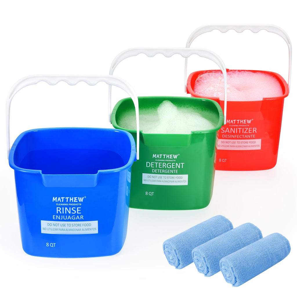 Matthew Red&Green&Blue Detergent and Sanitizing Cleaning Bucket 8 Quart Cleaning Pail,Set of 3 Square Containers,Built-In Spout w/Handle,Wash Rinse Sanitize Handwash Bucket,Incl.3Pcs Microfiber Cloths
