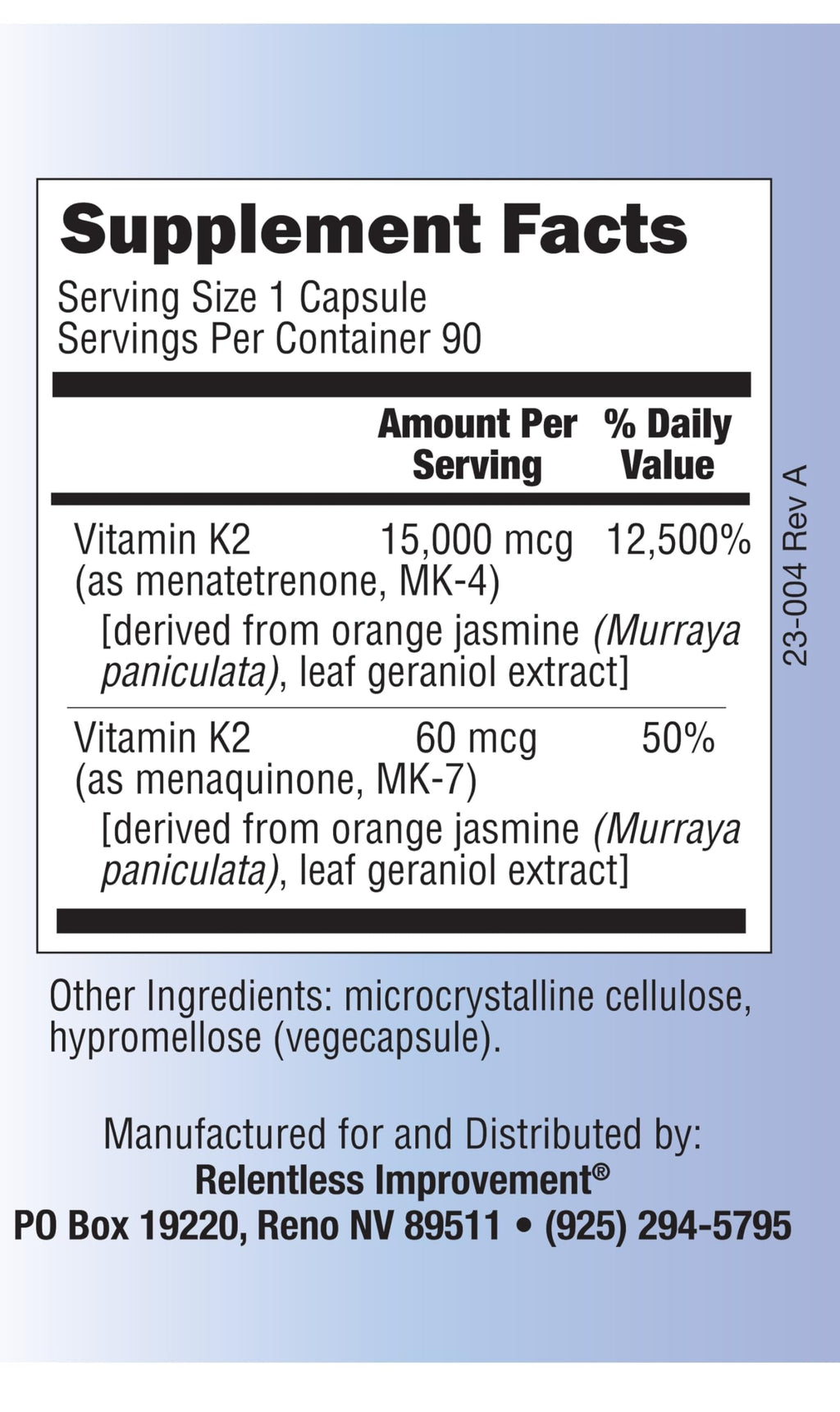 Relentless Improvement Natural Vitamin K2 MK4 Plus Vitamin K2 MK7 High-Potency 15,000mcg MK-4 + 60mcg MK-7 Supports Bone and Arterial Health Vegi-Capsules Soy-Free