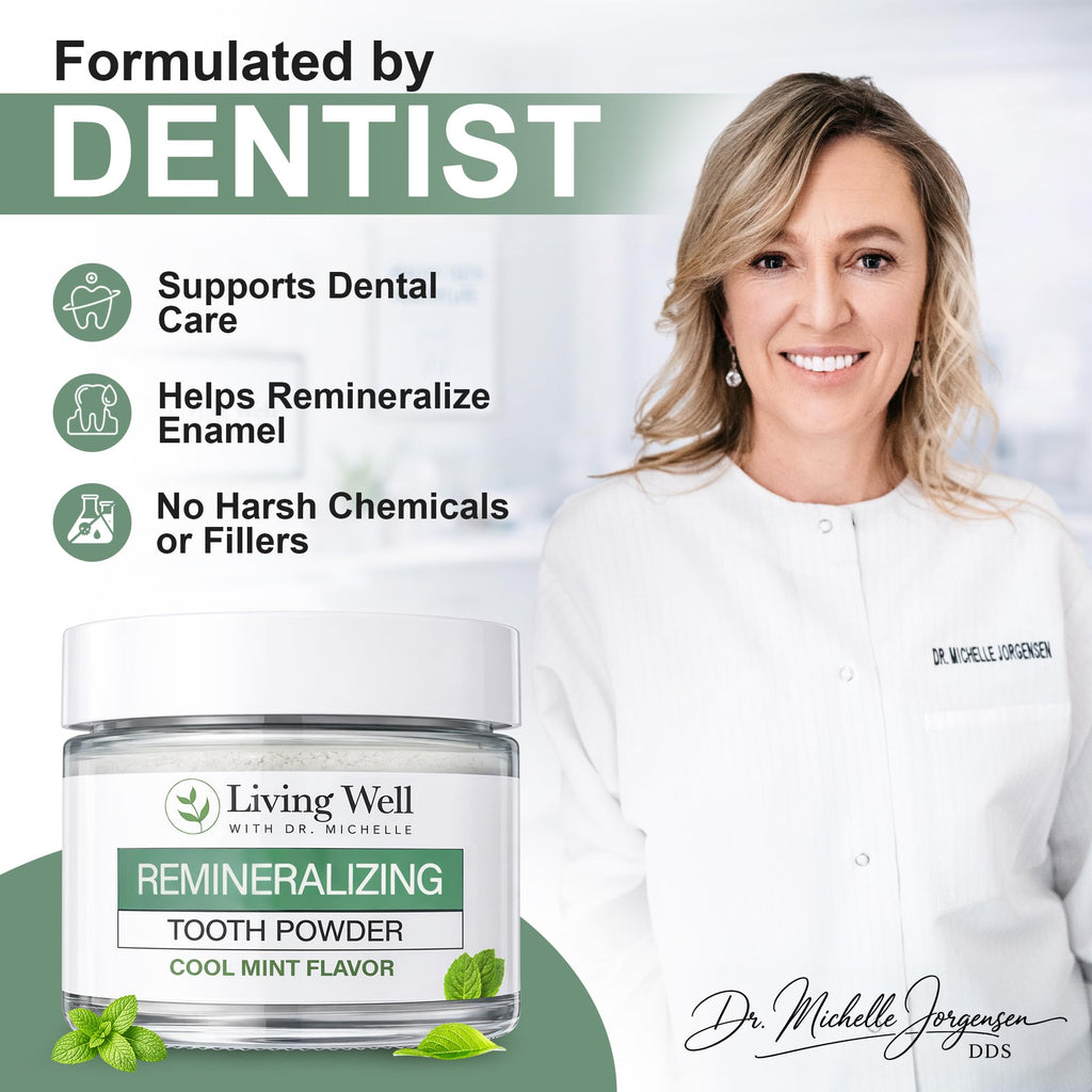 Living Well with Dr. Michelle Remineralizing Tooth Powder | Fluoride-Free Hydroxyapatite Formula | Supports Enamel Strength & Oral Wellness | Safe, Clean Ingredients | Cool Mint Flavor
