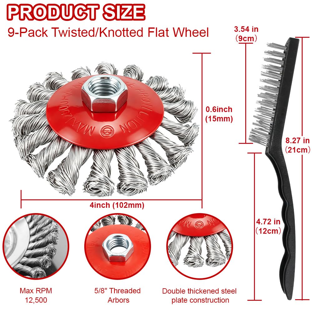 SBGGRL 9 Pack Wire Wheel Brush for Angle Grinder, Wire Wheels Attachment for 4-1/2" Angle Grinders, Screws on 5/8” Thread, 4 Inch Knotted Twist Carbon Steel Brush Set for Rust, Paint & Metal Removal