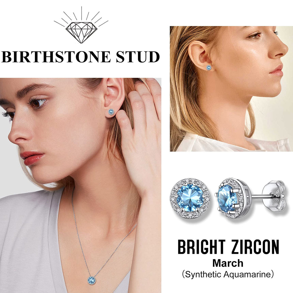 Bestyle 925 Sterling Silver Love Round Cubic Zirconia Earrings March Aquamarine Birthstone Stud Earrings for Women, Hypoallergenic Earrings for Sensitive Ears
