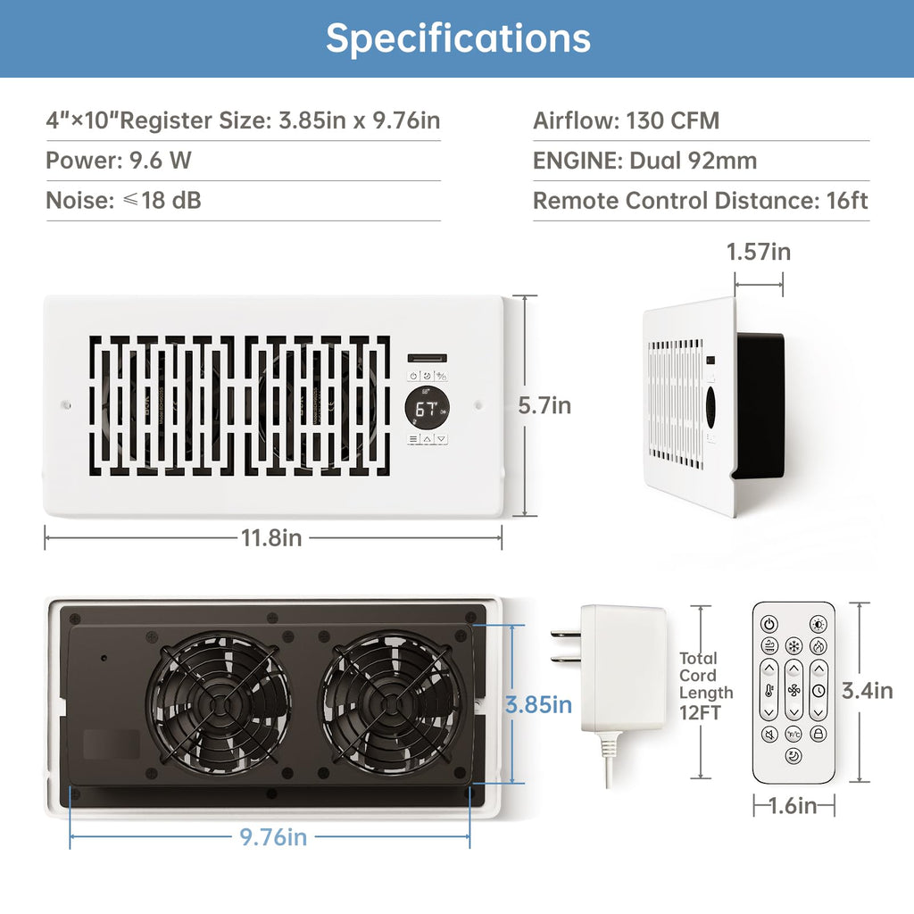 MOTCTQVD Smart Register Booster Fan Fits 4" x 10" Register Holes, 10-Speed Quiet Vent Fan Booster, Smart Thermostat Control for Improves Heating and Cooling with Remote for Floor or Wall Vents