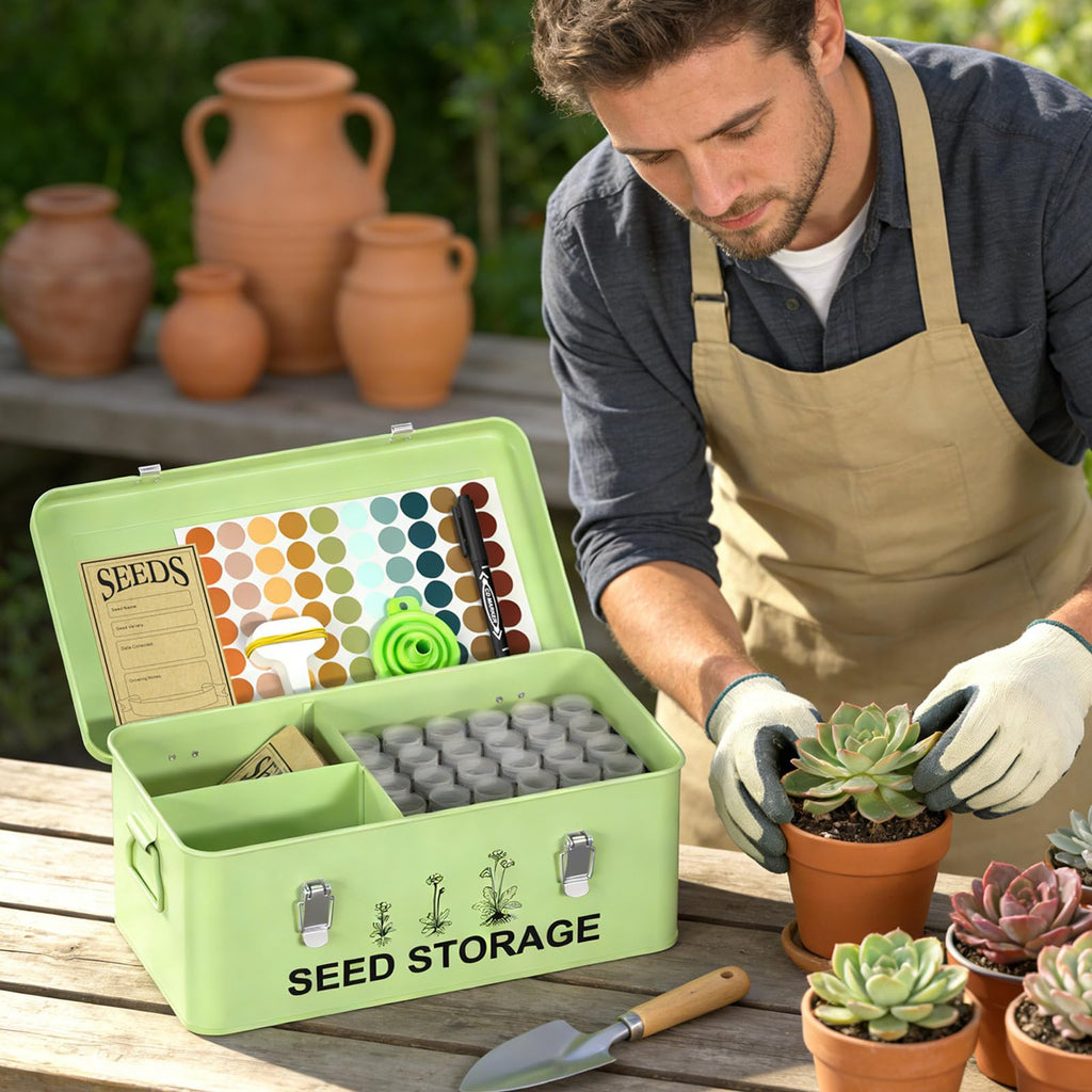 CZMIYRPY 60 Slots Seed Organizer Seed Storage Seed Box 3 Compartments Seeds Organizer Storage Box Metal Garden Seeds Packet Container with Lid and Safety Locks for Flower Plants Garden