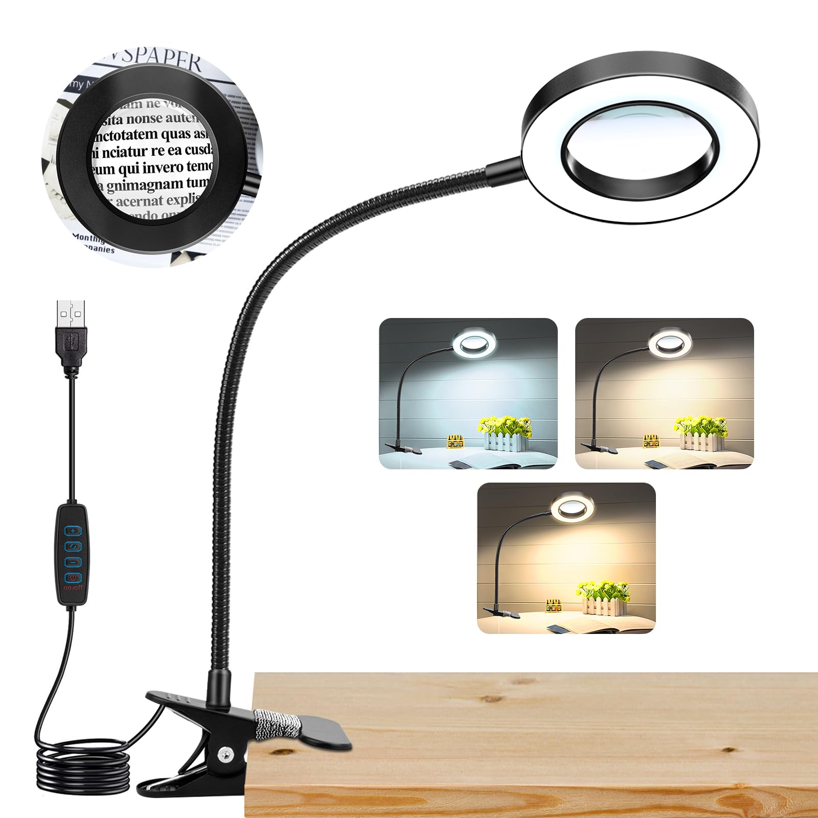 10X Magnifying Glass with Light, Clip on Mganifier with Light, 48 LED Desk Magnifying Glass wtih Clamp, 3 Modes Dimmable Magnifying LED Lamps for Bed Work Crafts DIY Repair