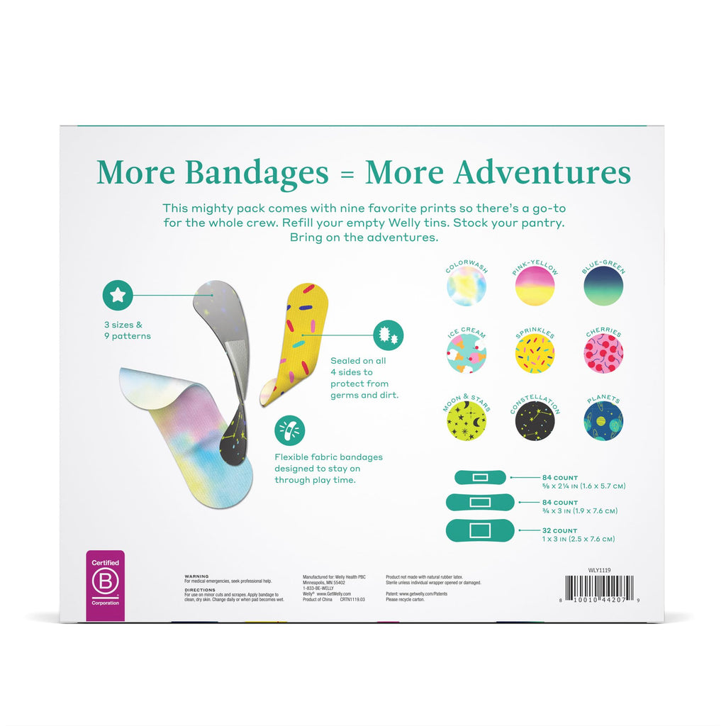 Welly Bandage Refill Ready Pack | Adhesive Flexible Fabric Bandages | Bulk Assorted Shapes and Patterns for Minor Cuts, Scrapes, and Wounds - 200 Count