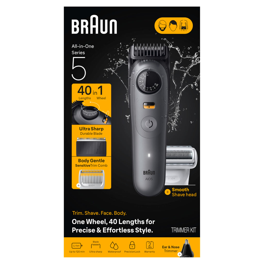 Braun Series 5 All-in-One Beard & Body Grooming Kit for Men, Cordless Trimmer, Hair Clippers & Shaver for Face, Hair & Body with Smooth Shave Head, AIO 5510