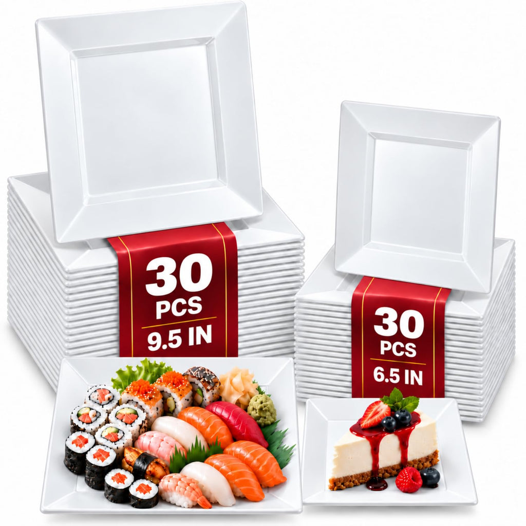 [60 PCS] Square Plastic Plates for Party | White Disposable Plastic Plates