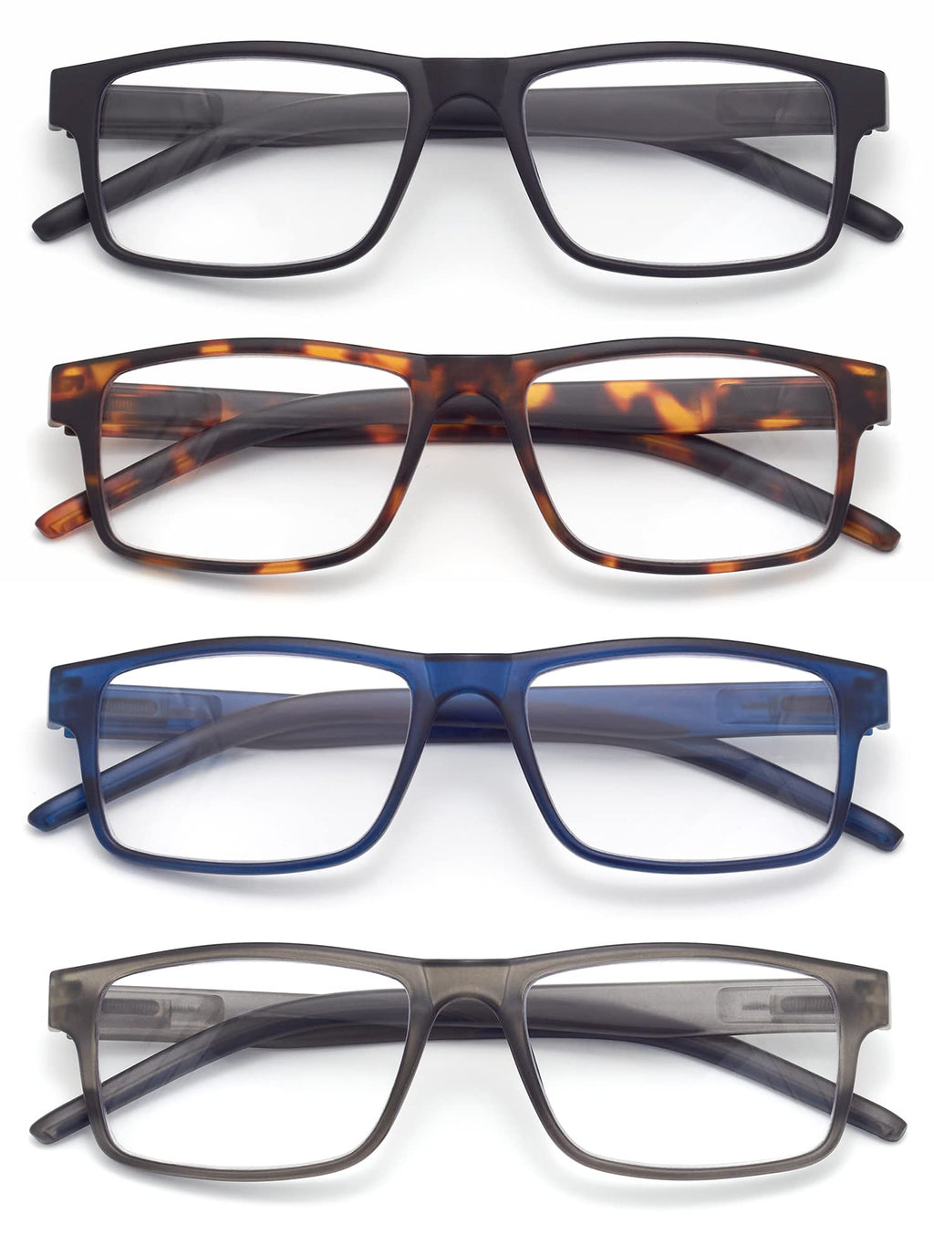 Colloddiss 4-Pack Reading Glasses for Men Women, Spring Hinge Readers Glasses, Blue Light Blocking Eyeglasses SR20523, Black Blue Gray BrownTortoise 1.75 x