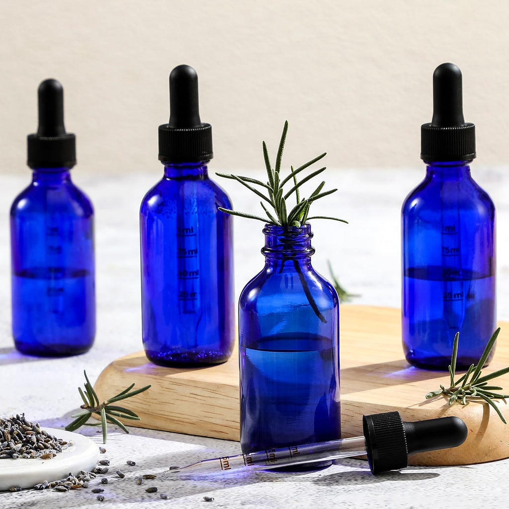 4 Pack 2 oz Glass Dropper Bottles with Measured Dropper - 60ml Dark Blue Tincture Bottles with Calibrated Glass Eye Droppers (1ml) - Leakproof Essential Oils Bottles for Health, Personal Care & Beauty