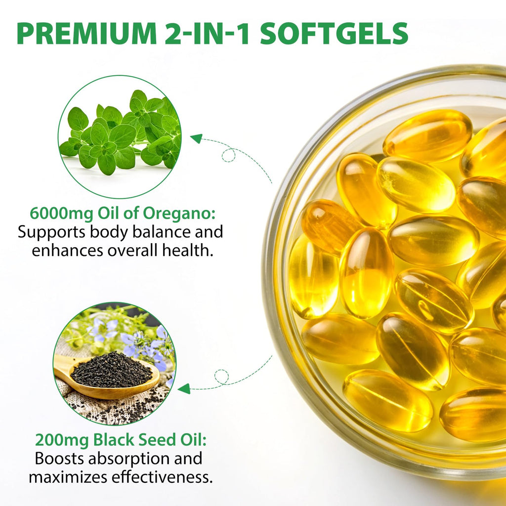 Cacukn Oil of Oregano Capsules with Black Seed Oil, 6000mg Oregano Oil & 200mg Black Seed Oil per Serving, Immune Support, Non-GMO, Gluten Free, 240 Softgels
