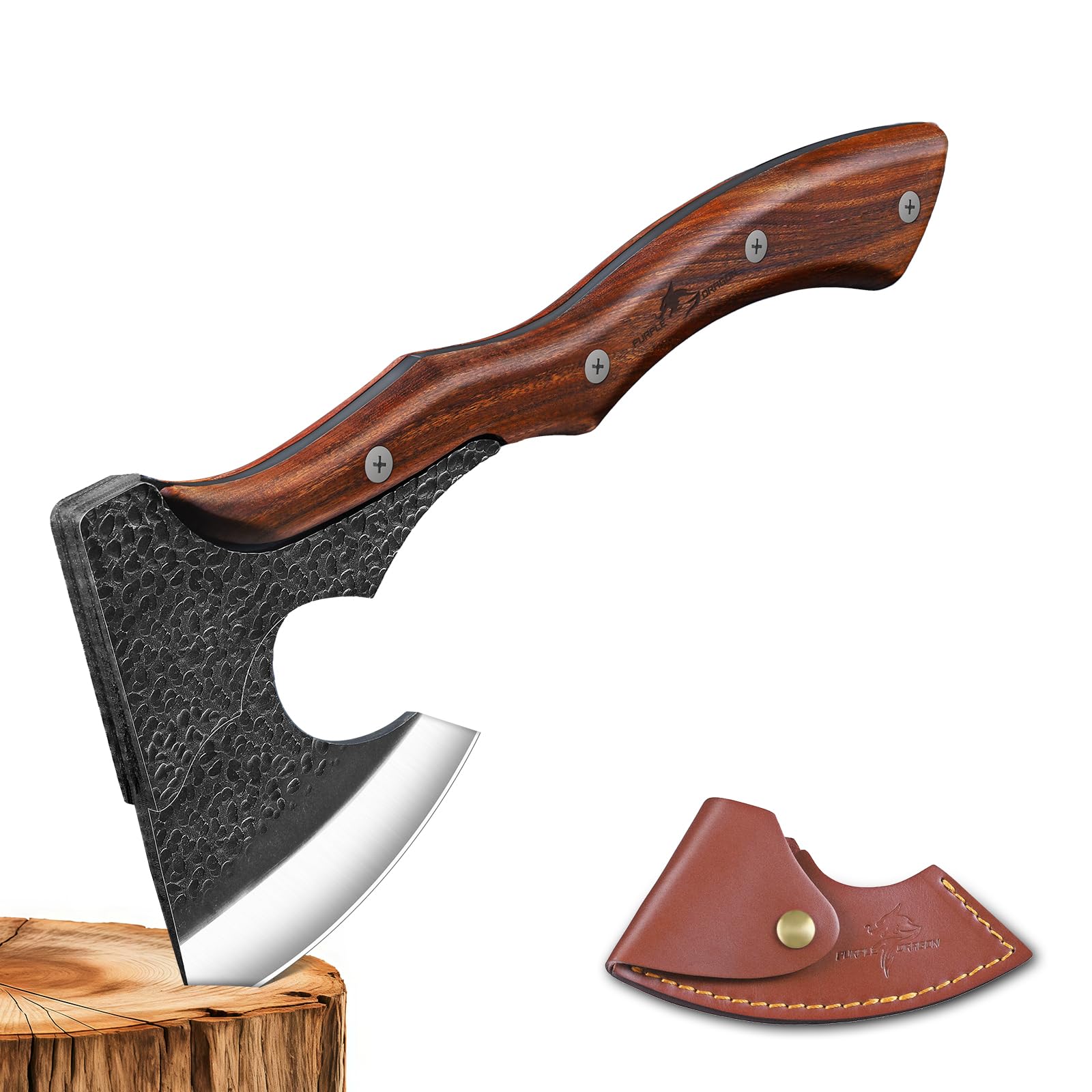 Purple Dragon 14" Camping Hatchet Axe with Sheath - Full Tang Wood Handle