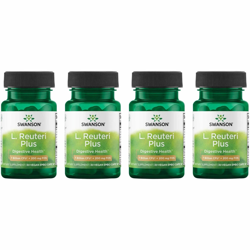 Swanson L. Reuteri Probiotic Plus w/L. Rhamnosus L. Acidophilus & FOS Prebiotic Digestive Support - Promotes Gut Health w/ 7 Billion CFU per Capsule - (30 Veggie Capsules) (4 Pack)