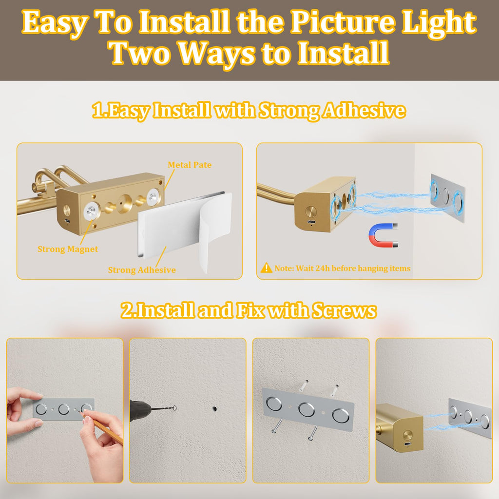 13.8'' Battery Operated Picture Light for Wall, 4000mAh Cordless Wall Lamp for Painting Photo Artwork , Remote Control, Magnetic for Easy to Charge,Timers, Display for Gallery Living Room Bedroom Gold