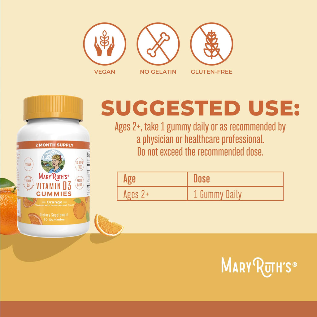 MaryRuth Organics Vitamin D3 Gummies | 2 Month Supply | Adults & Kids Vitamin D Gummy | Immune Support Supplement | VIT D3 1000IU for Bone Health&Muscle Function | Vegan | Non-GMO | Gluten Free | 60