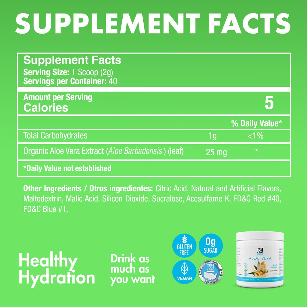 Yes You Can! Aloe Vera Powder Drink Mix - Hydration Booster Infused with Pure Organic Aloe Vera Extract - Delicious Flavors - Made in USA - Antioxidant Rich - Peach Lemonade Flavor - 40 Servings Per Canister (4 Pack)