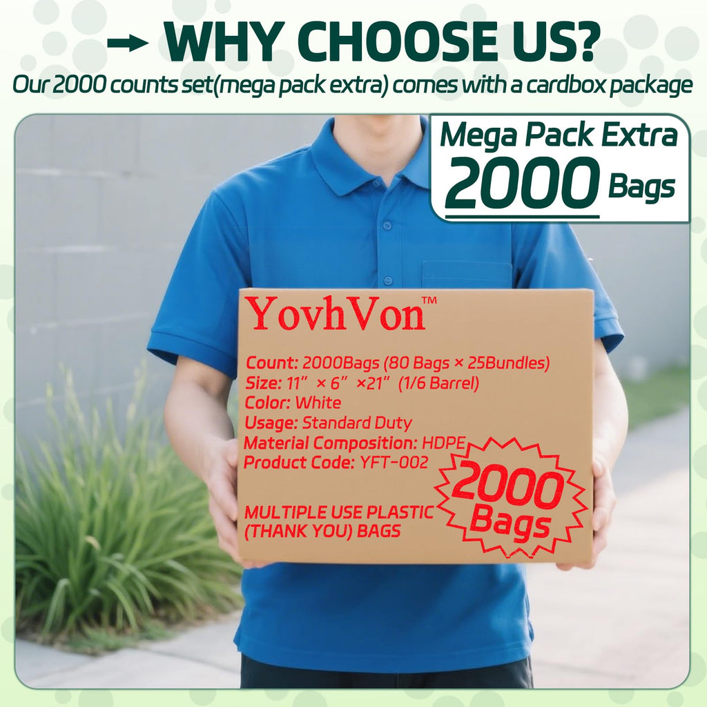 YovhVon 2000 Count Plastic Bags with Handles, T-Shirt bags, Thank You bags, Grocery bag, Shopping bag, |for Store, Supermarket, Retail, Carry, Pack|, White, 1/6 Barrel, Large Size 11"x6"x21"