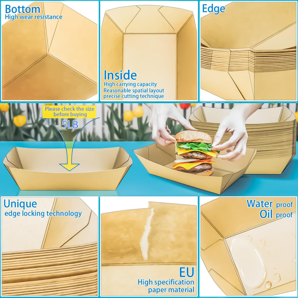 MotBach 125 Pack 5LB Extra Large Paper Food Boats Trays Disposable Paper Boat Plate Containers, Kraft Food Serving Tray Boat Basket Bowl for Snack Popcorn Burger Sandwich Taco BBQ Fries Dessert Nacho