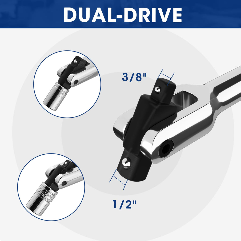 WORKPRO Dual Drive Breaker Bar, 3/8" & 1/2" Drive, Heavy Duty Breaker Bars, 24-inch Length with 360° Rotatable Head, Spring-loaded Detent Ball, Chrome Vanadium Steel Made