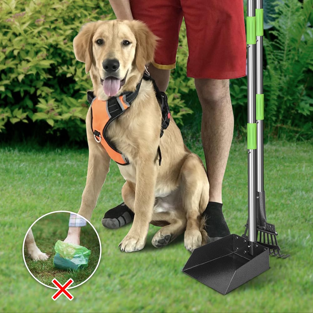 TOOGE Pooper Scooper, Dog Pooper Scooper Long Handle Stainless Metal Tray and Rake for Medium Small Dogs Heavy Duty Pet Supplies to Use for Grass, Dirt or Gravel