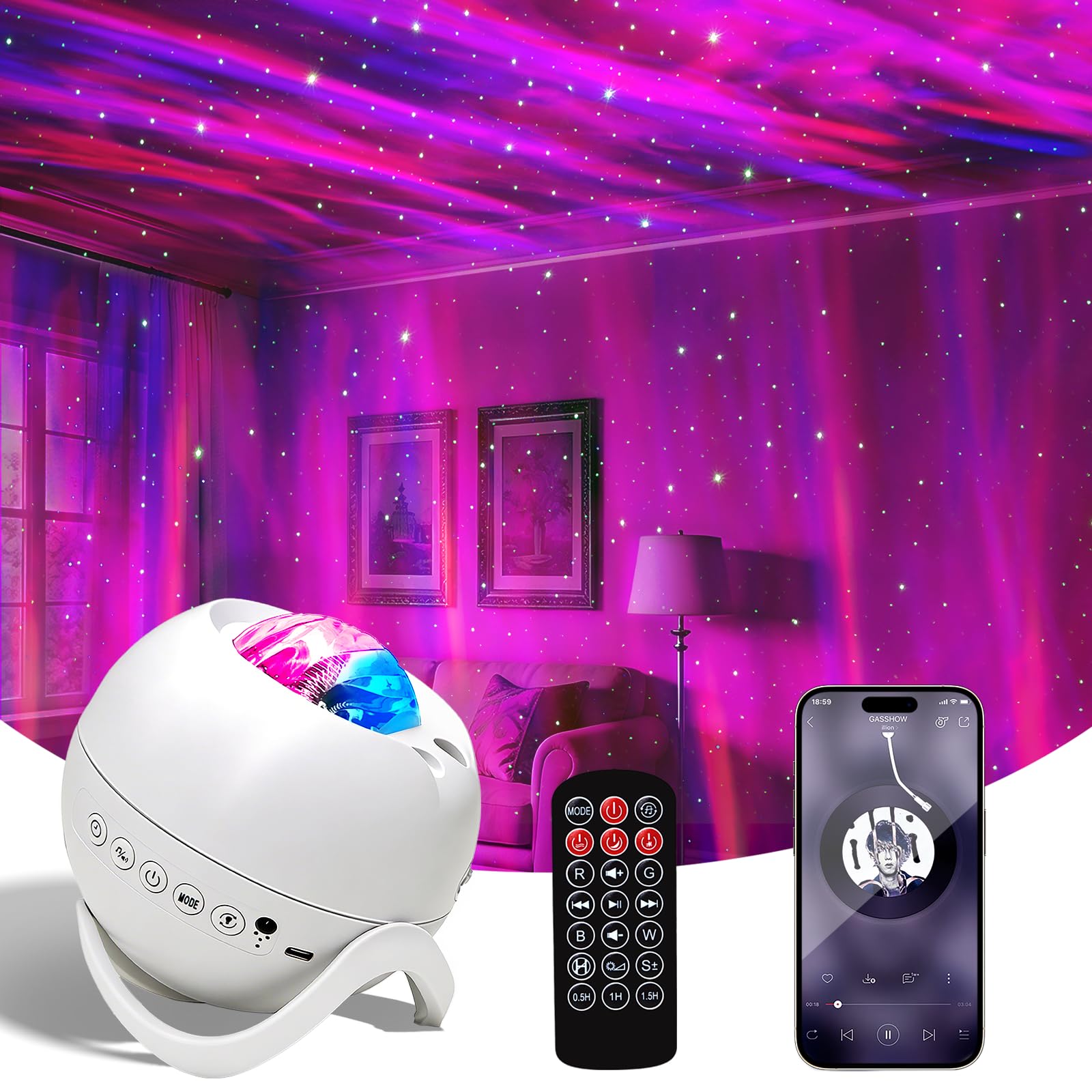 Star Projector Galaxy Projector for Bedroom, White Noise Bluetooth Speaker Northern Lights Projector, Suitable Gaming, Home Theater, Adult, Christmas Mood Night Light
