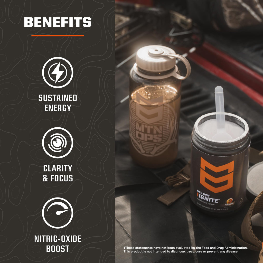 MTN OPS Ignite Sugar Free Energy Drink Powder with 200mg Caffeine, Nootropic Blend for Energy, Focus & Endurance, L Arginine & L Citrulline Pre Workout, 45 Servings, Tiger's Blood